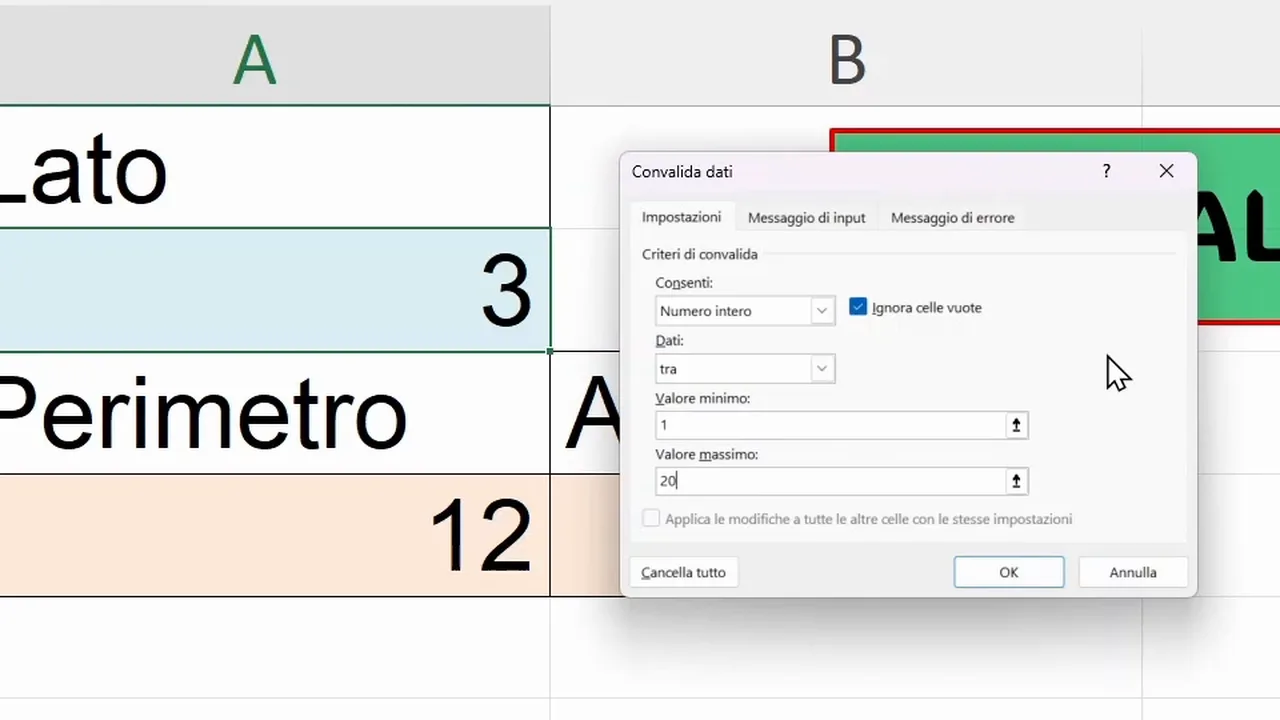 Data Validation set to Whole number, between, minimum value 1 and maximum value 20