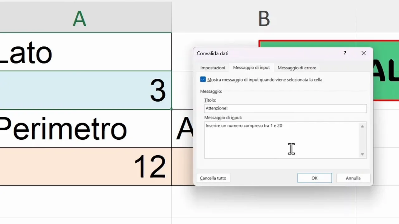 Input Message tab with the title Attenzione and the text Enter a number between 1 and 20