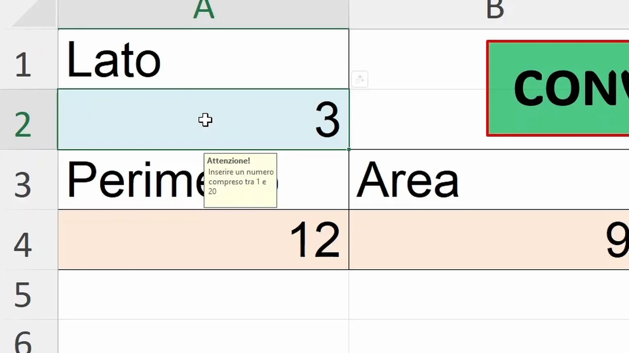Cell A2 selected with the yellow input message Attenzione below the cell
