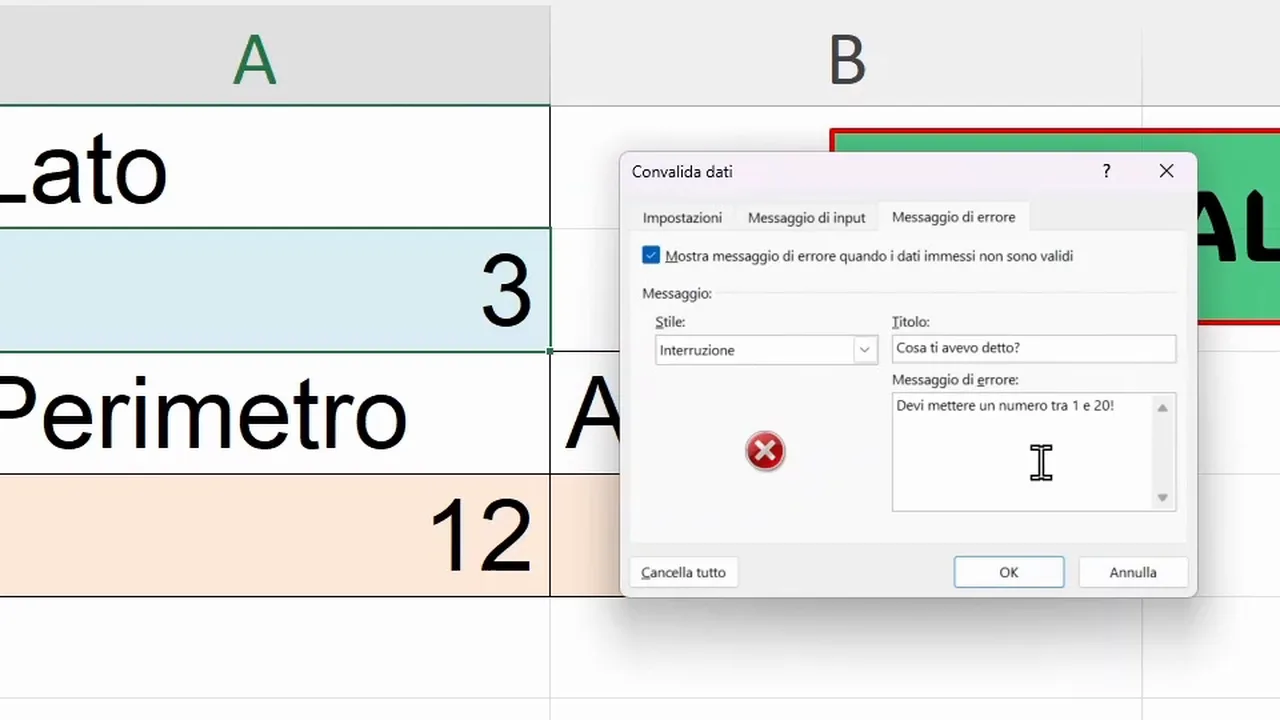Error Alert tab with the Stop style, the title What did I tell you? and the text You must enter a number between 1 and 20