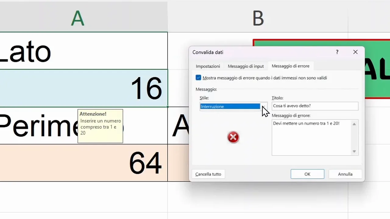 Style menu of the Error Alert tab with the options Stop, Warning and Information