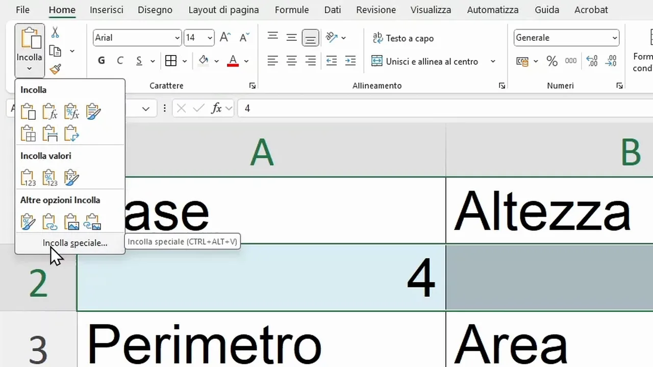 Menu of the Paste button in the Home tab with the Paste Special option