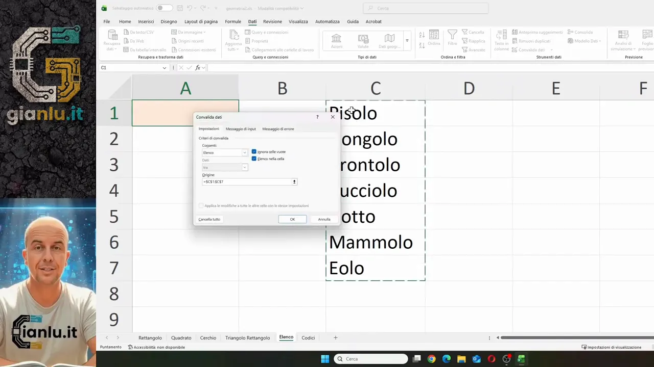 Data Validation window with the range C1 C7 selected next to a list of names