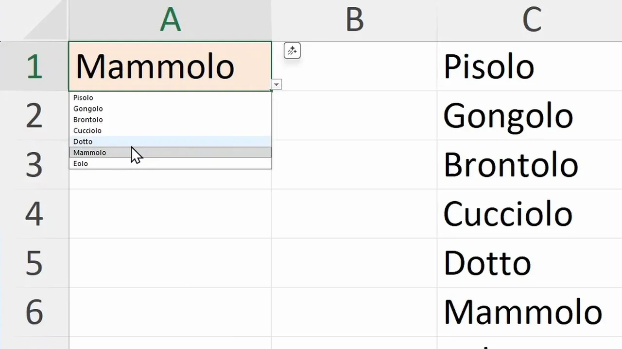 Cell A1 with the arrow open and the list of the seven names taken from C1:C7