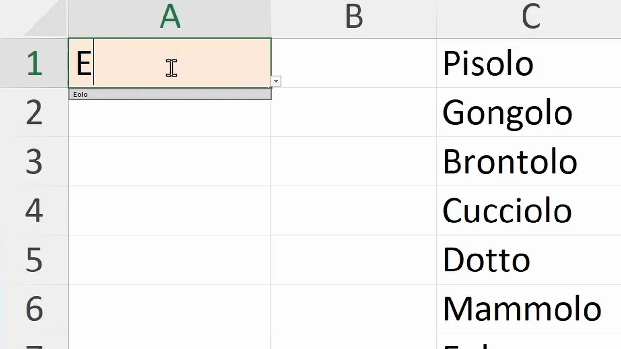 Cell A1 with the letter E typed and the suggestion Eolo below the cell