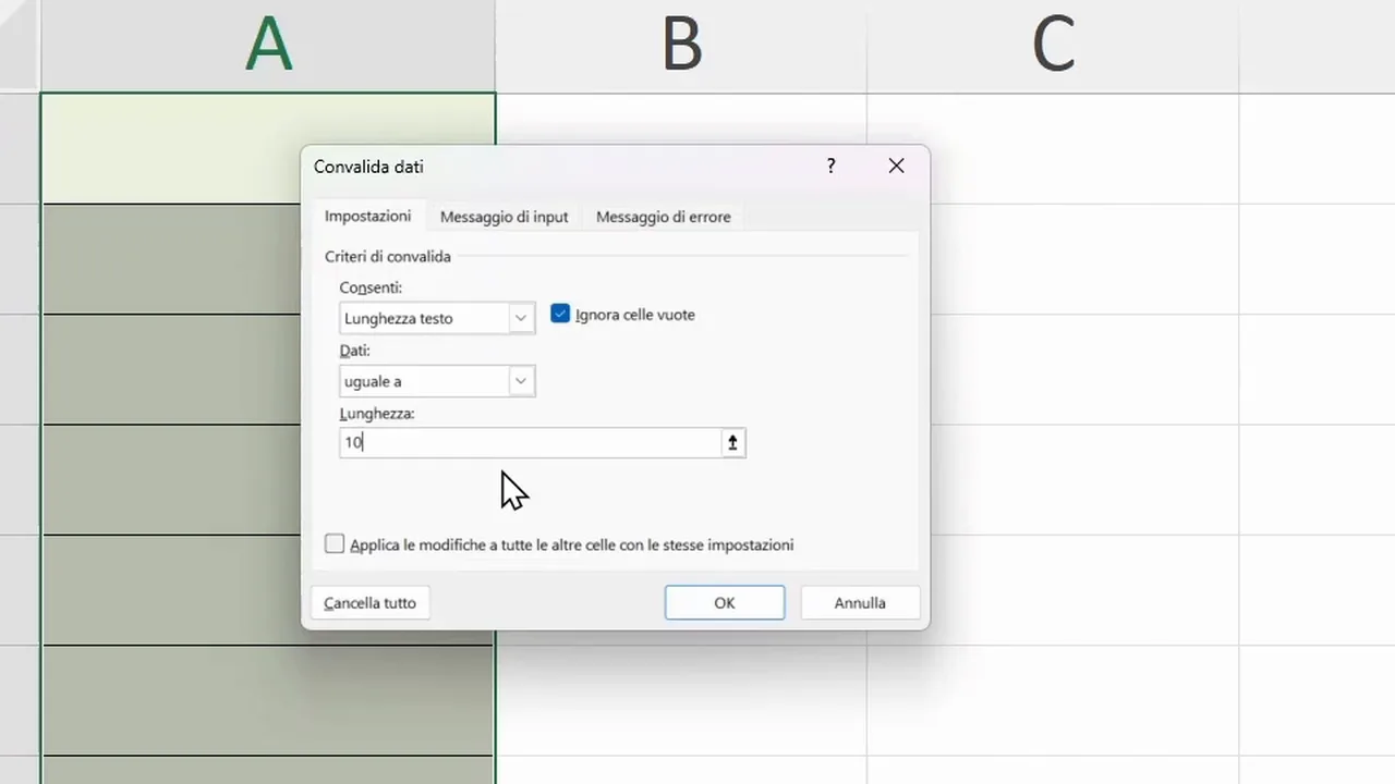 Data Validation with Text length, equal to, length 10