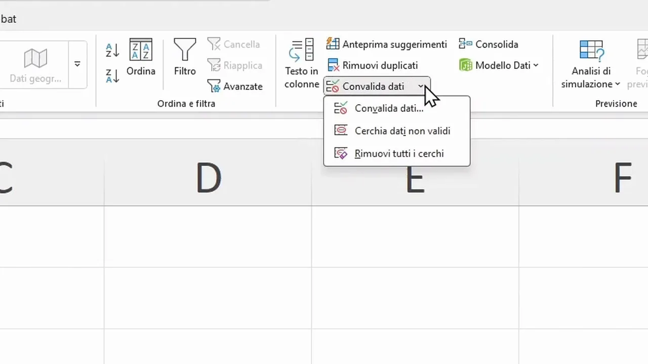 Arrow menu of Data Validation with Data Validation, Circle Invalid Data and Clear Validation Circles