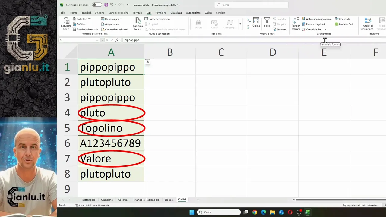 Cells of column A with red circles around some text values