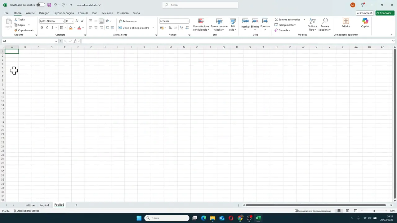 Foglio Excel vuoto con la cella A1 selezionata