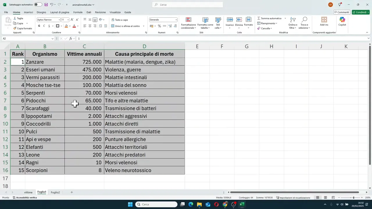 Tabella Excel con bordi sottili interni e bordi esterni evidenti