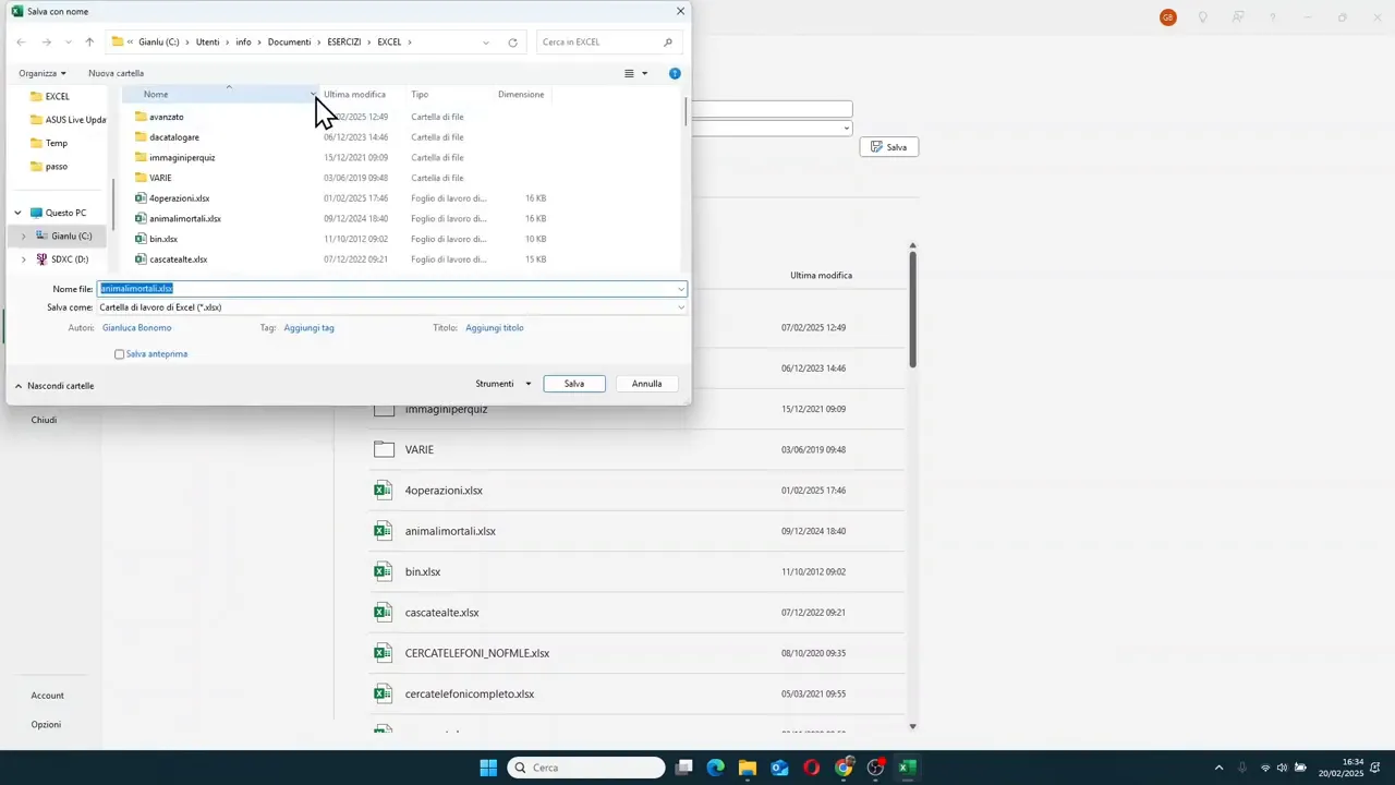 Finestra di salvataggio di Windows con cartelle e campo nome file