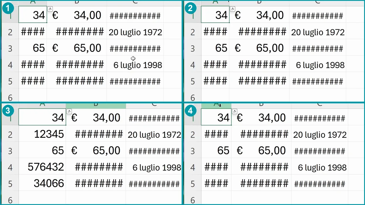 Colonna stretta con i cancelletti, il puntatore sul bordo tra le intestazioni A e B e la colonna allargata che mostra i numeri