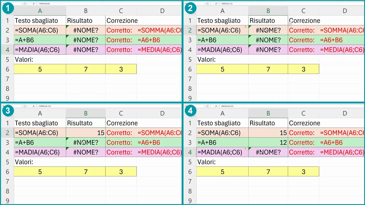 Modifica delle formule con #NOME?: correzione del nome della funzione e risultati corretti 15, 12 e 4