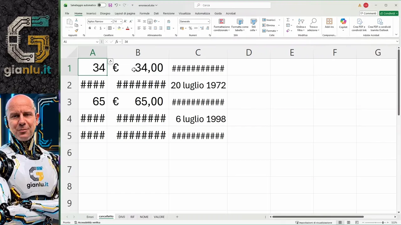 Foglio Excel con numeri, importi e date sostituiti in alcune celle da cancelletti