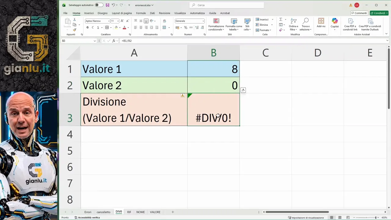 Esempio Excel con valore 8, divisore 0 e risultato #DIV/0!