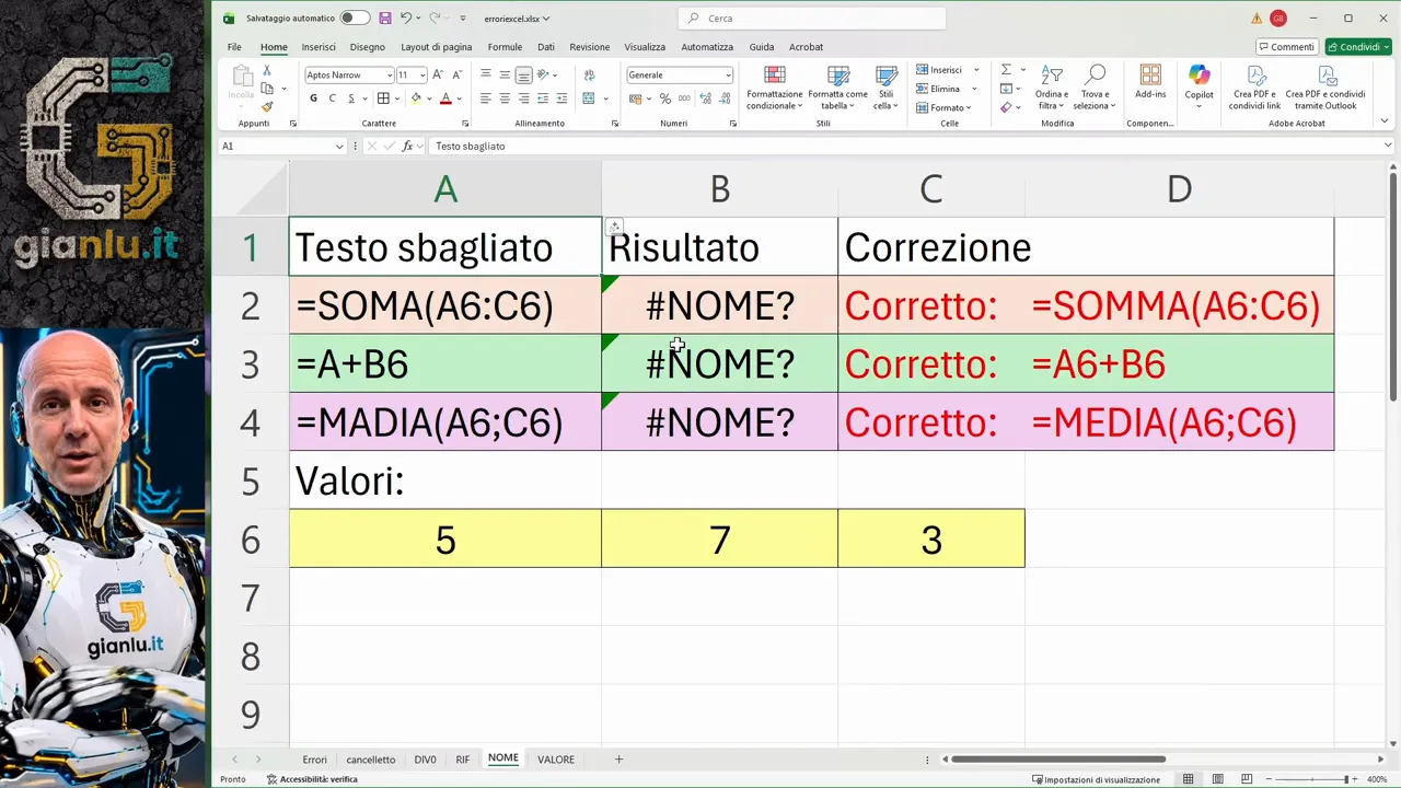 Foglio Excel con tre formule errate, risultati #NOME? e correzioni affiancate