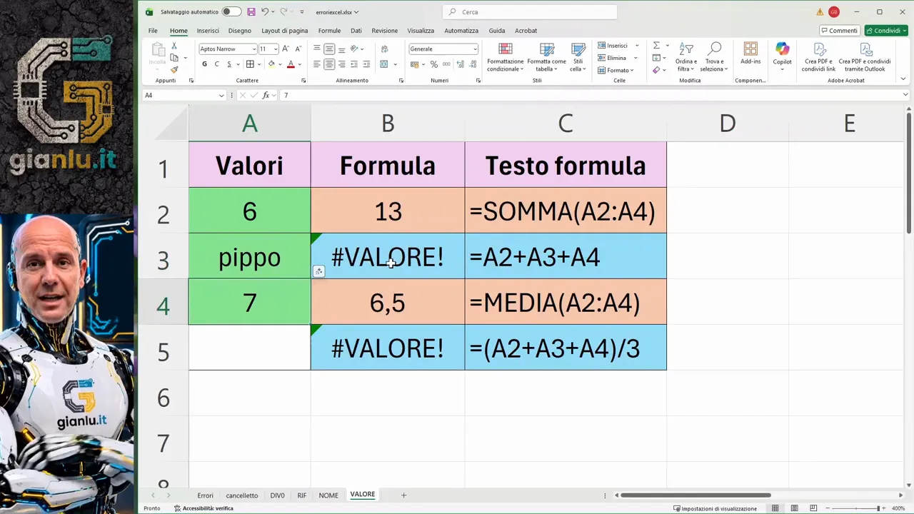 Foglio Excel con testo pippo in A3, somma 13, media 6,5 ed errori #VALORE!