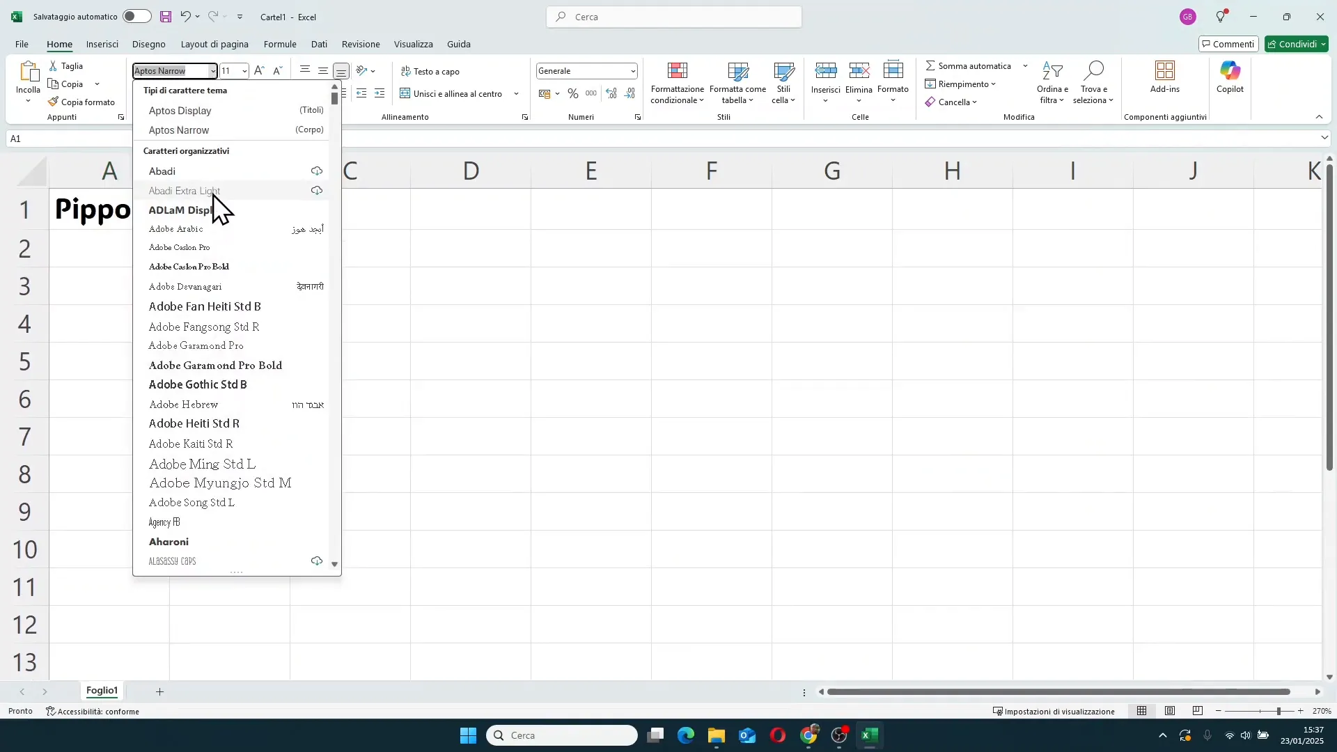 Selezione del tipo di carattere in Excel