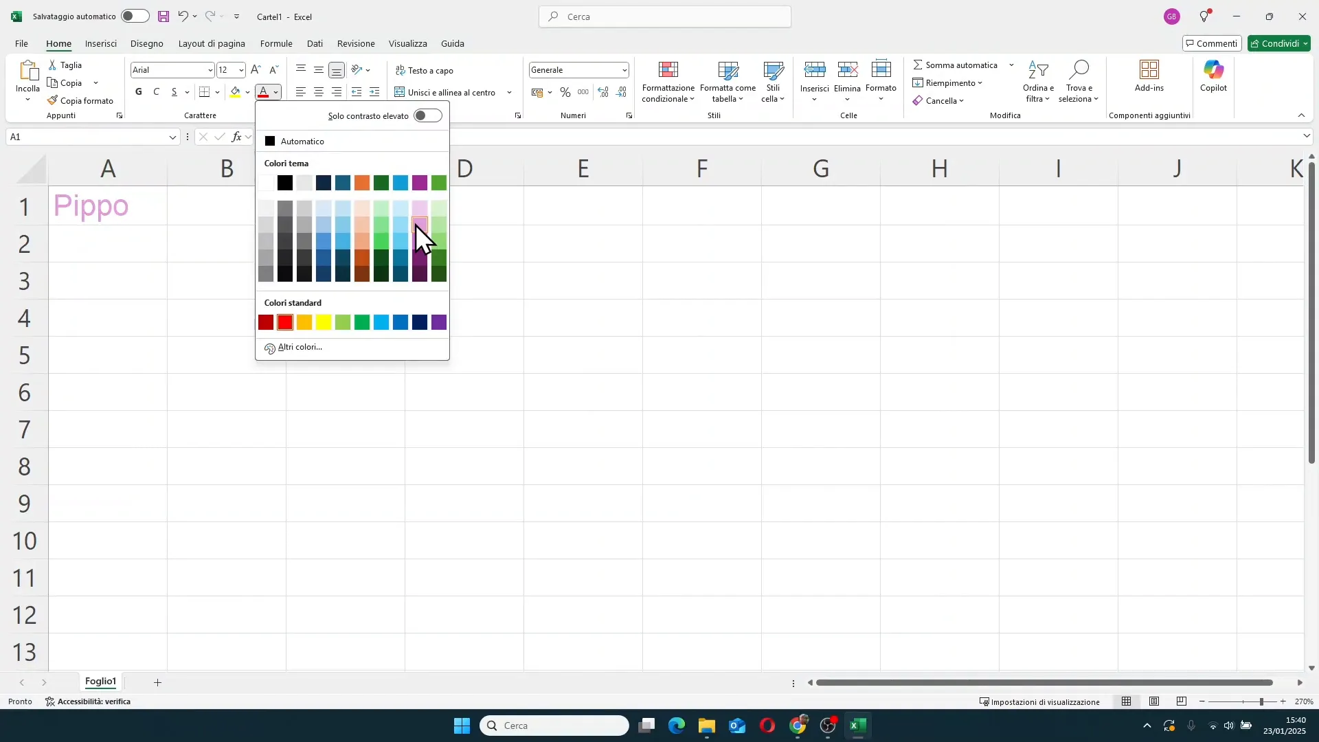 Selezione del colore del testo in Excel