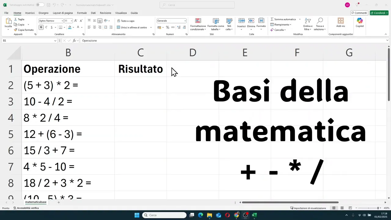 Foglio Excel con elenco di operazioni, colonna risultato e scritta Basi della matematica con simboli più meno asterisco e barra