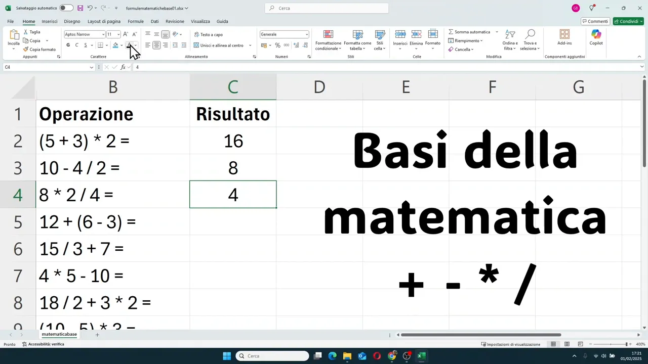 Foglio Excel con prime tre operazioni compilate e risultati 16, 8 e 4 nella colonna Risultato