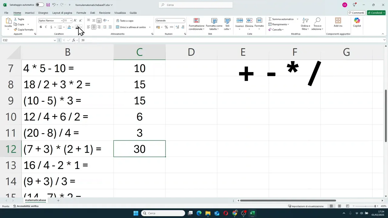 Foglio Excel con operazione tra due parentesi e risultato 30 nella colonna Risultato
