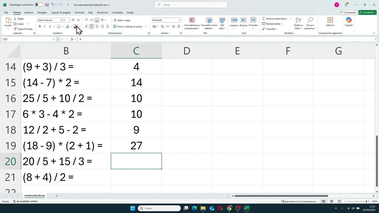 Foglio Excel con diverse operazioni completate e risultati tra cui 27 e 9 nella colonna Risultato