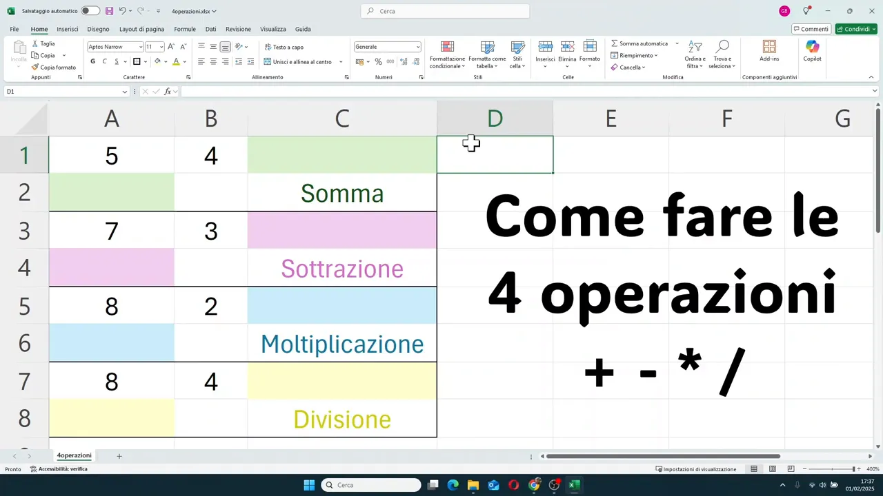 Foglio Excel con esempi di somma sottrazione moltiplicazione divisione e testo come fare le 4 operazioni