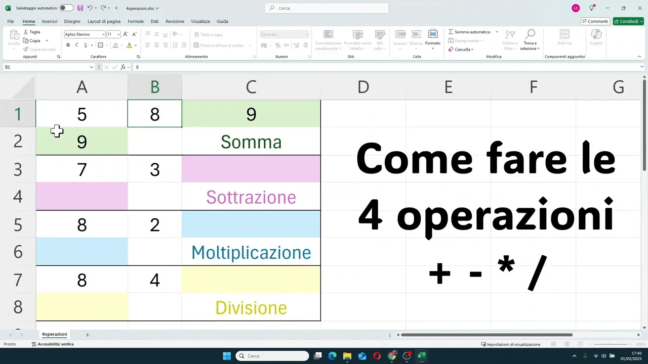 Foglio Excel con valore 8 in B1 e risultati della somma aggiornati a 13 in A2 e C1