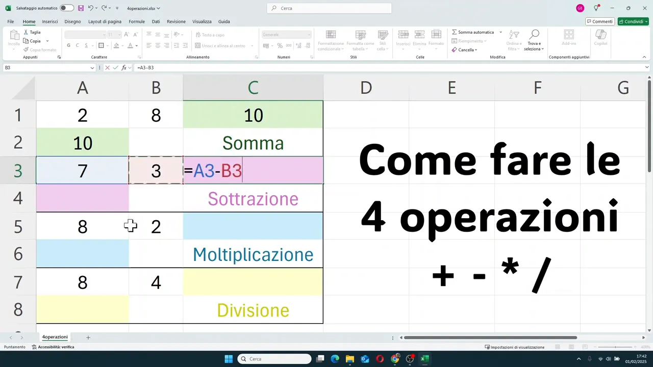 Foglio Excel con risultato 4 nella sezione sottrazione dopo formula tra A3 e B3