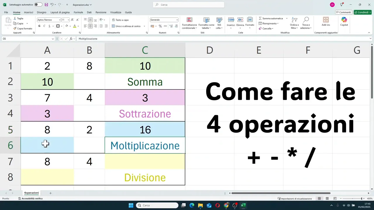 Foglio Excel con formula di moltiplicazione completata e risultato 16 nella sezione moltiplicazione