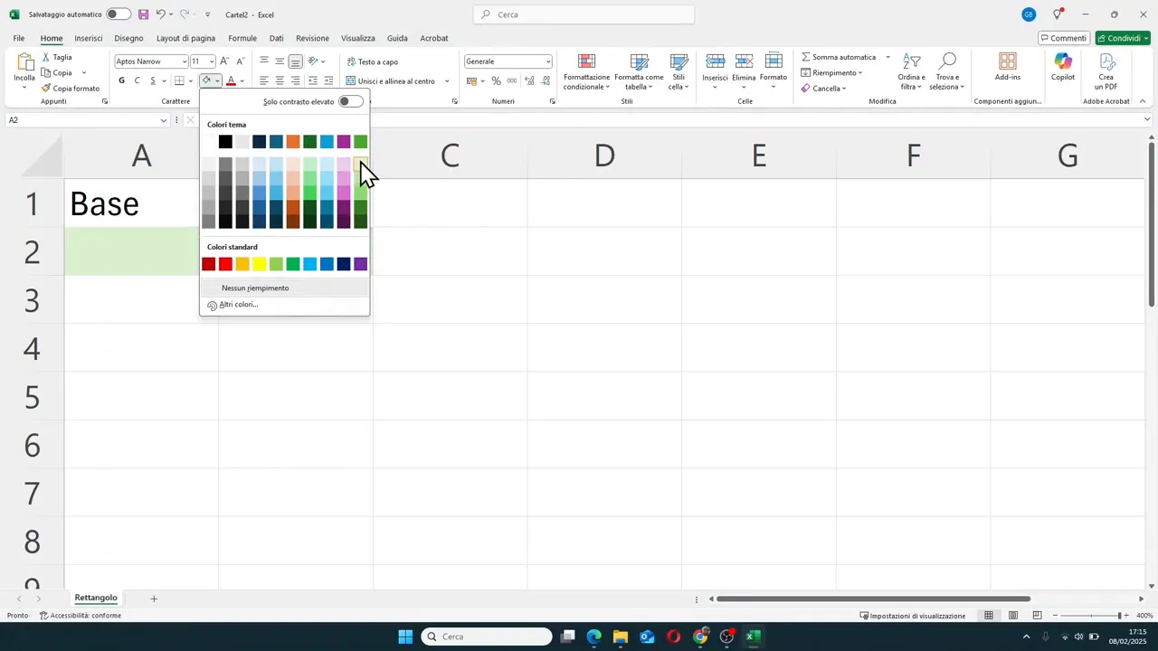 Foglio Excel con intestazioni Base e Altezza e celle colorate di verde