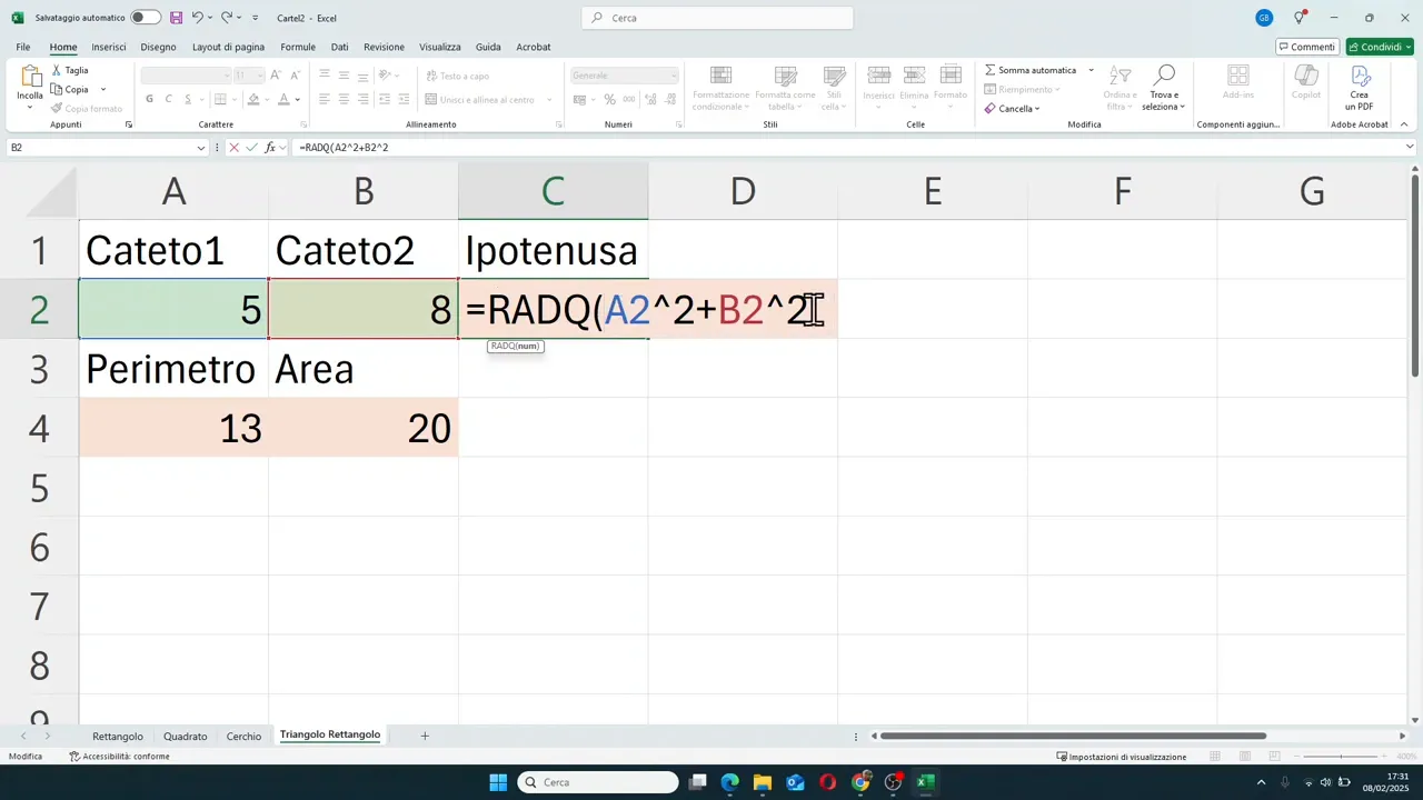 Formula dell ipotenusa del triangolo rettangolo con funzione RADQ e quadrati dei cateti