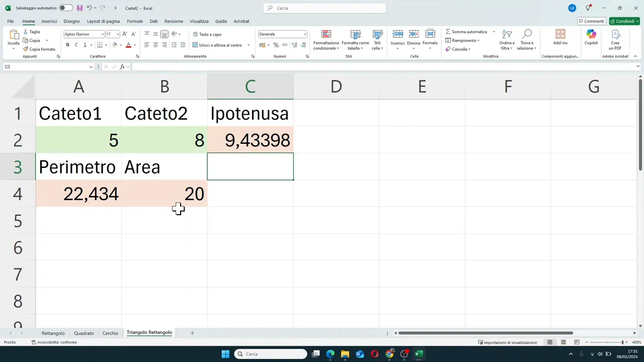 Foglio del triangolo rettangolo con cateti 5 e 8, ipotenusa 9,43398, perimetro 22,434 e area 20