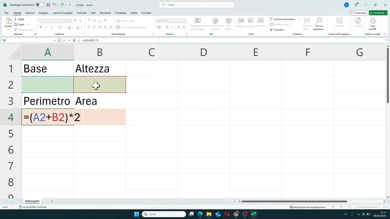 Formula del perimetro del rettangolo scritta nella cella come A2 più B2 tra parentesi per 2
