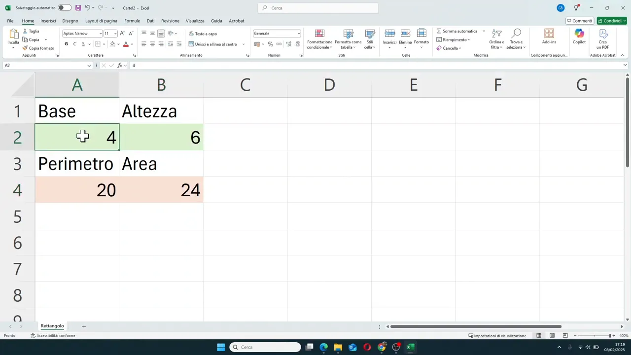 Tabella del rettangolo con Base 4, Altezza 6, Perimetro 20 e Area 24