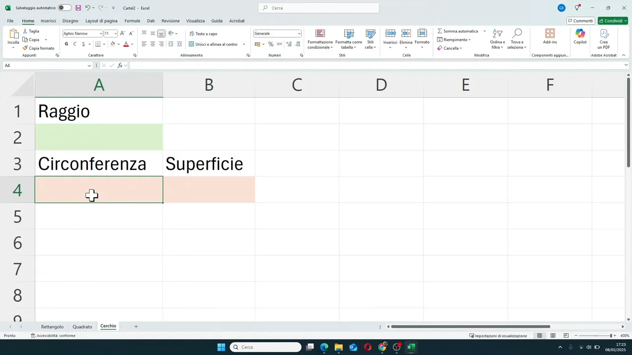 Foglio Excel con Raggio, Circonferenza e Superficie già impostati e celle colorate