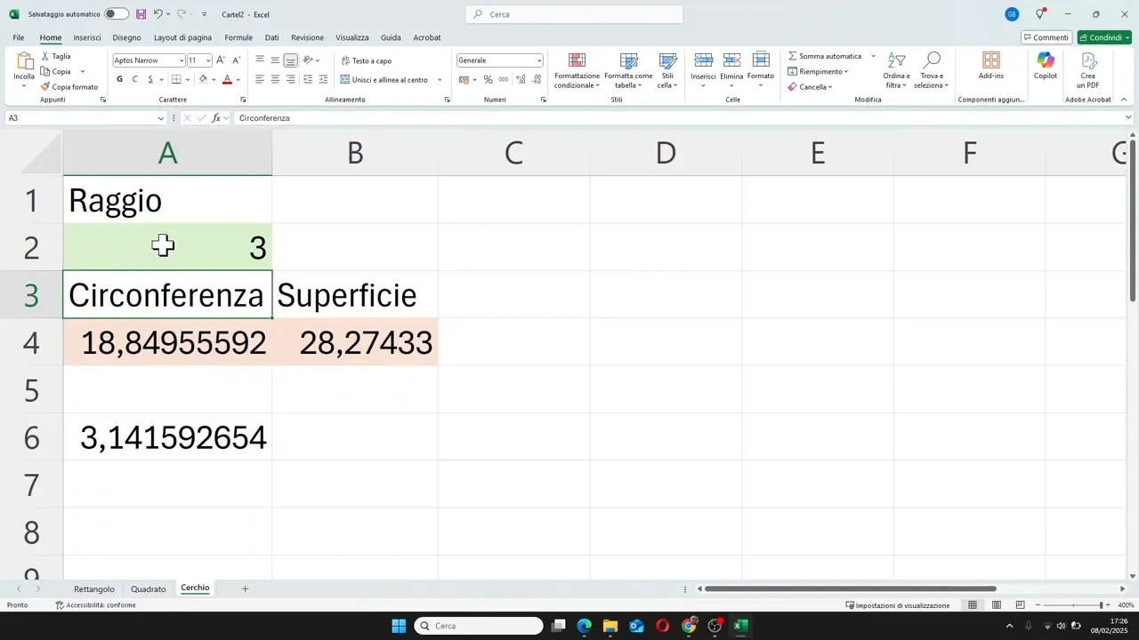 Foglio del cerchio con raggio 3, circonferenza 18,84955592 e superficie 28,27433