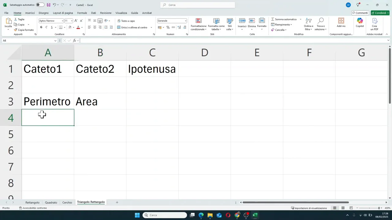 Foglio del triangolo rettangolo con Cateto1, Cateto2, Ipotenusa, Perimetro e Area impostati