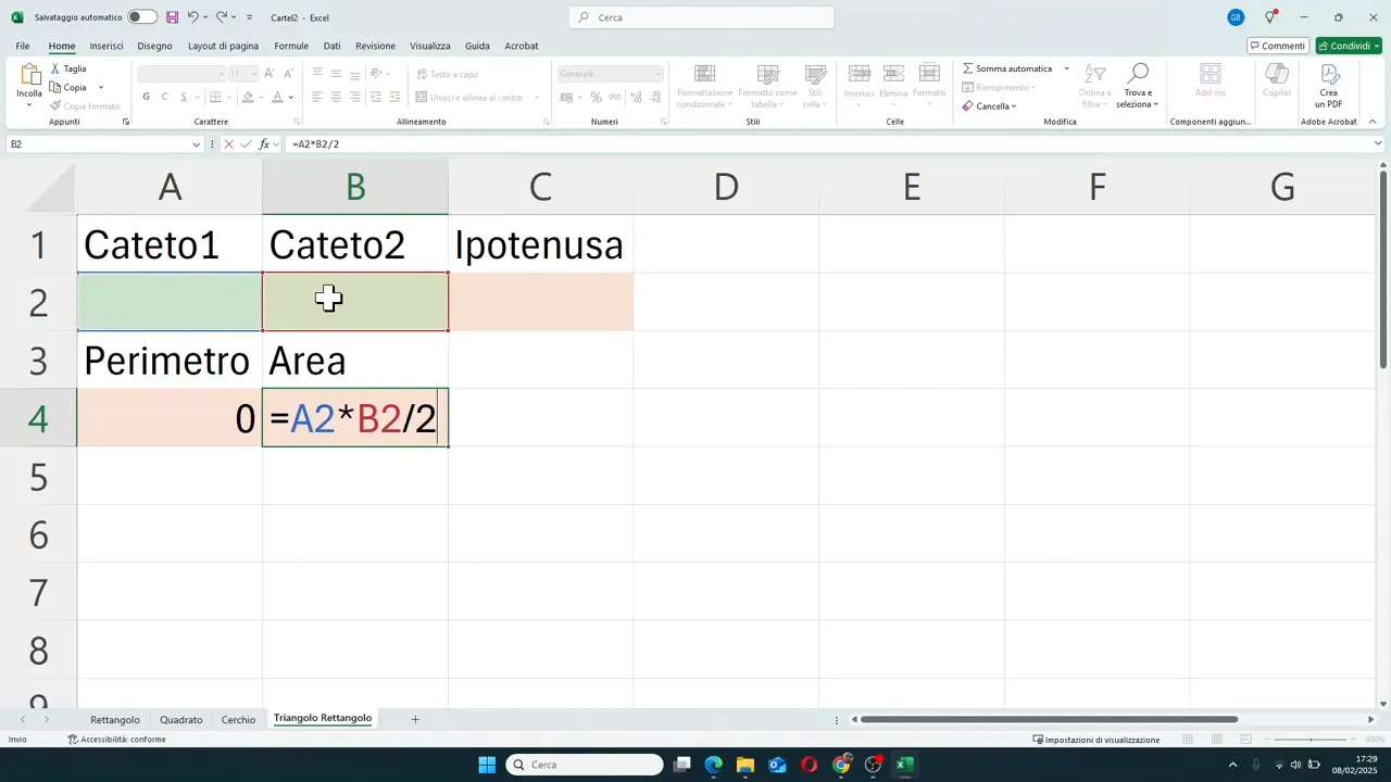 Formula dell area del triangolo rettangolo scritta come A2 per B2 diviso 2