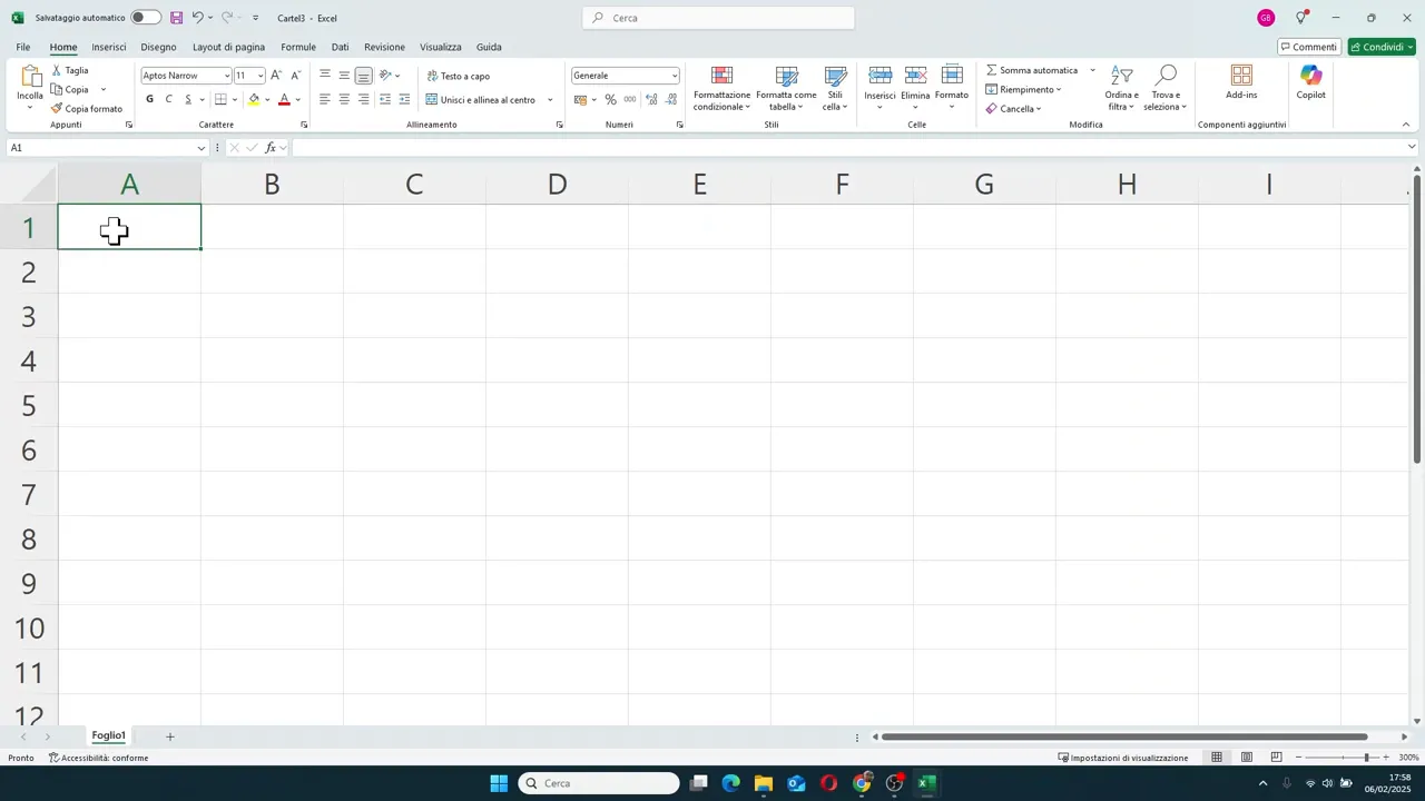 Finestra di Excel con griglia vuota e una sola scheda foglio in basso