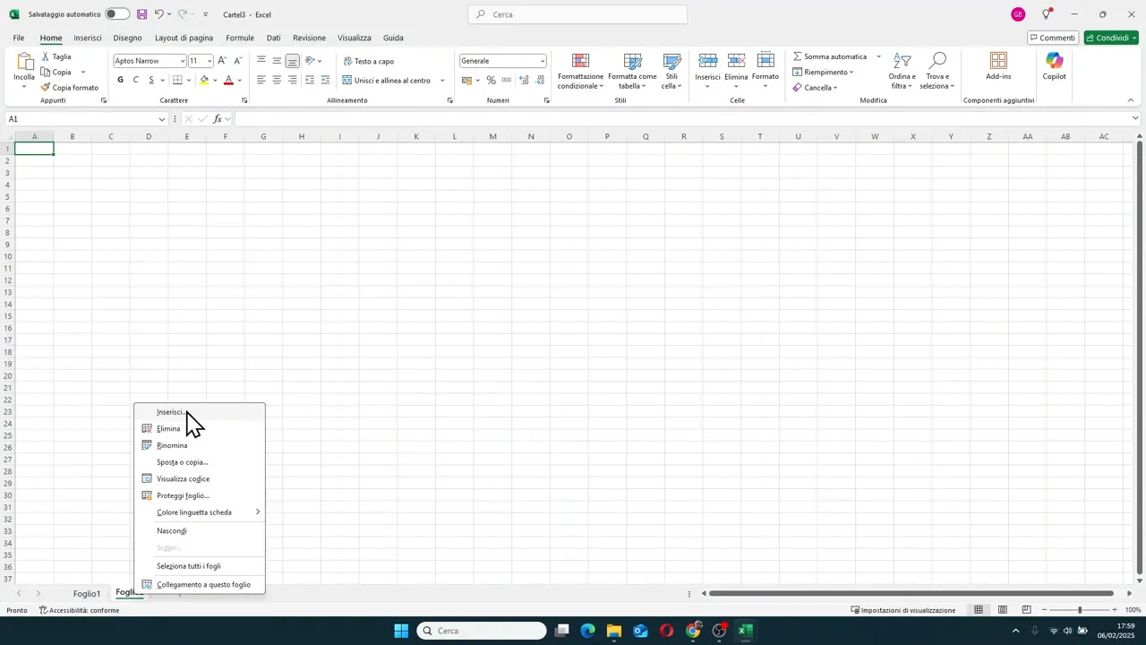 Finestra Inserisci di Excel con l'opzione foglio di lavoro selezionata