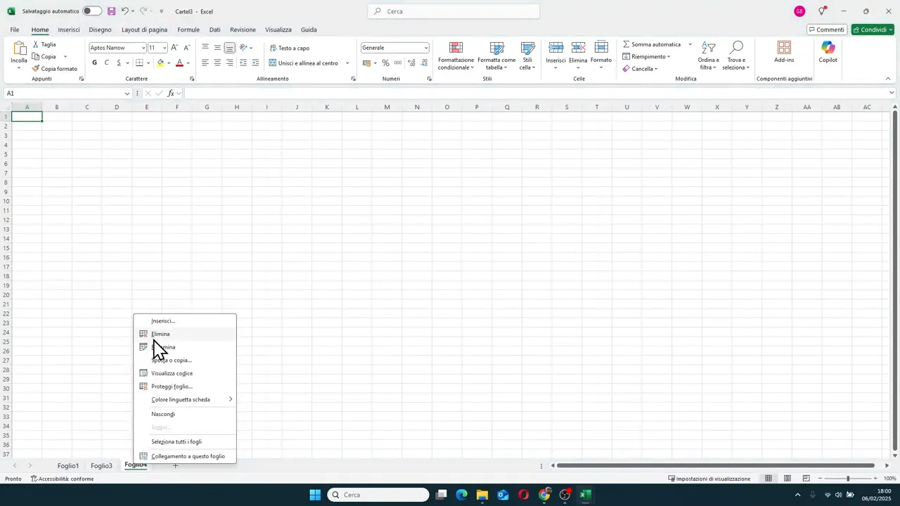Menu contestuale sulla scheda del foglio con l'opzione Elimina visibile