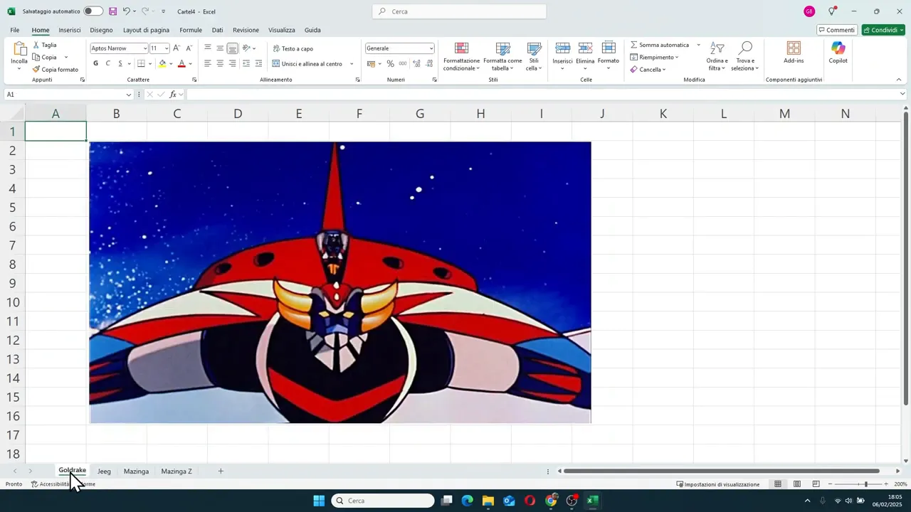 Cartella Excel con più fogli e immagine nel foglio attivo usata per mostrare lo spostamento delle schede