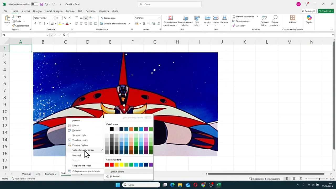 Menu colore linguetta aperto sulla scheda del foglio con tavolozza colori visibile