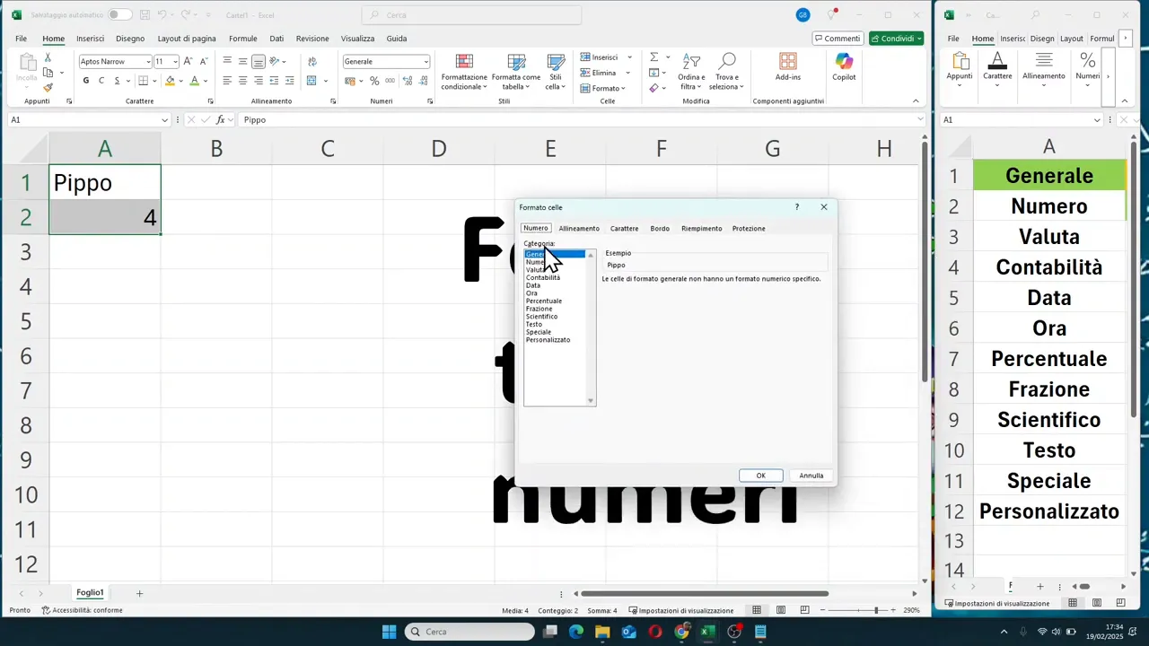 Finestra formato celle con categorie dei formati numerici in Excel