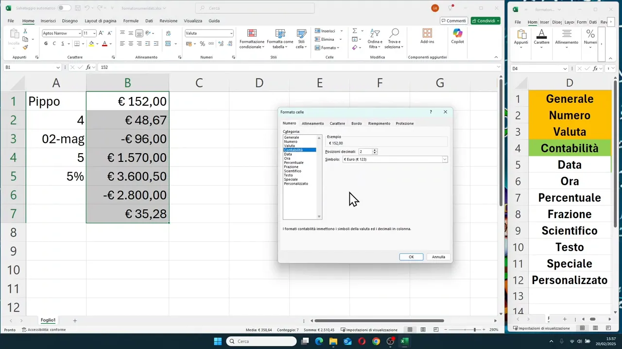 Finestra formato celle aperta sulla categoria contabilità in Excel