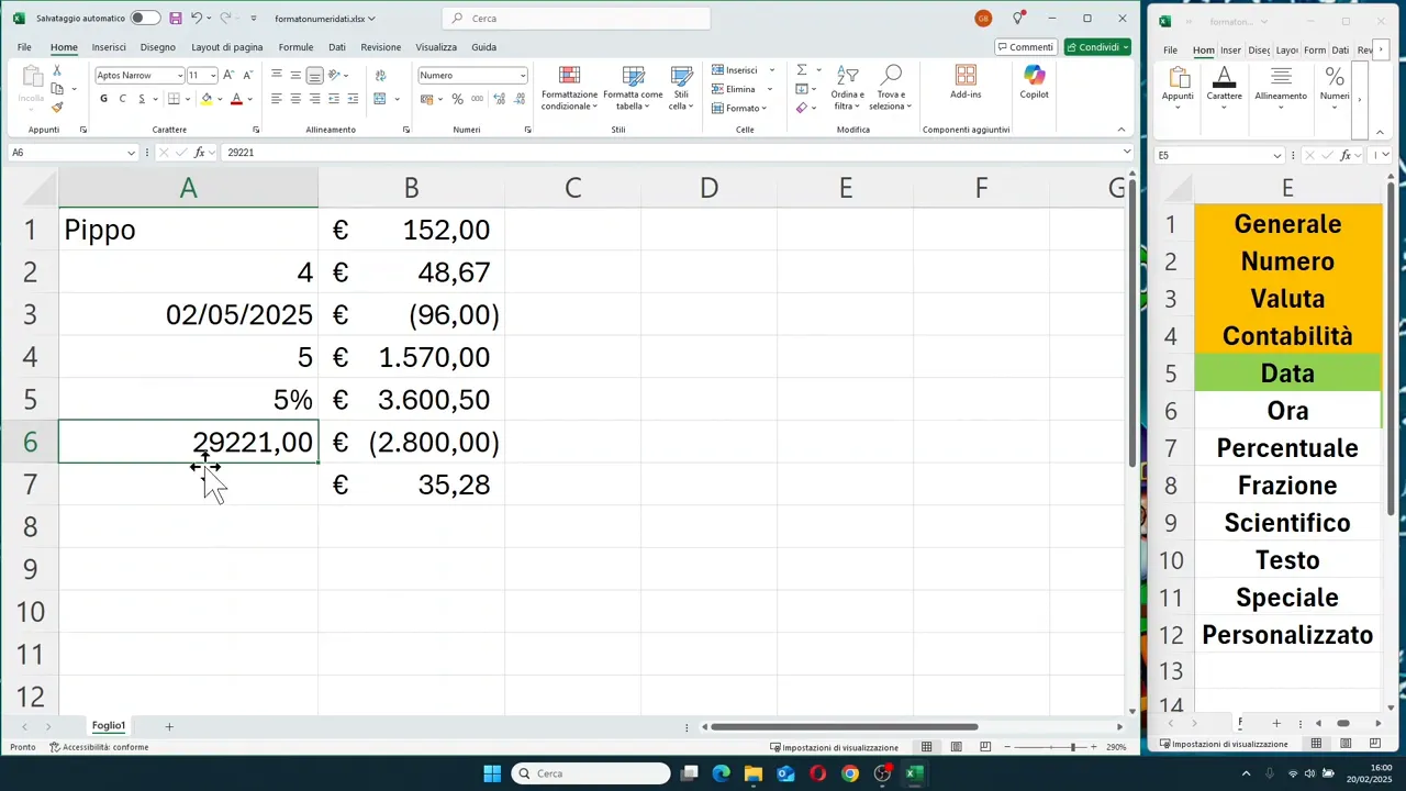 Foglio Excel con date convertite in numeri seriali