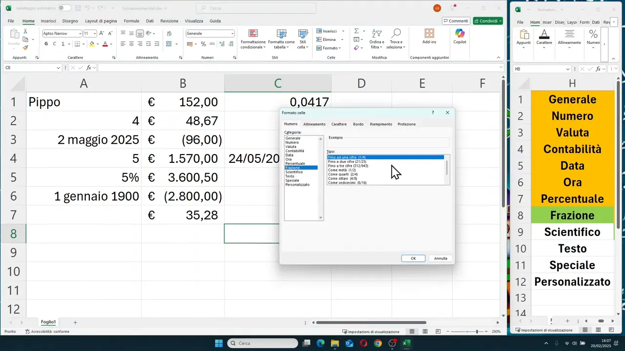 Finestra formato celle impostata su frazione in Excel
