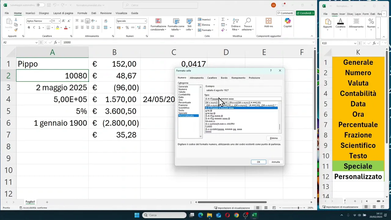Finestra formato celle sulla sezione personalizzato in Excel